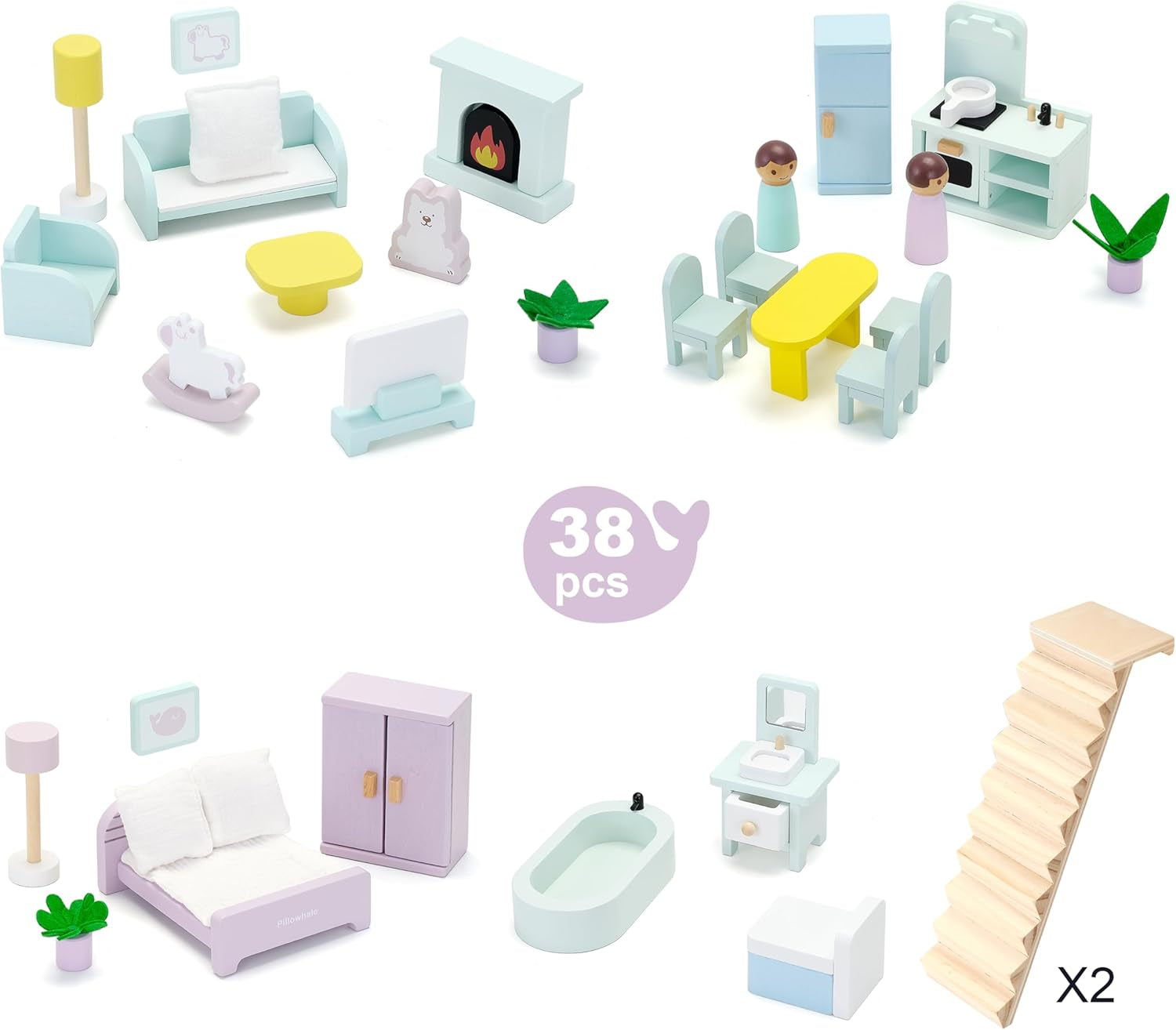 Wooden Dollhouse 3-Story With 38-Piece Furniture Kit