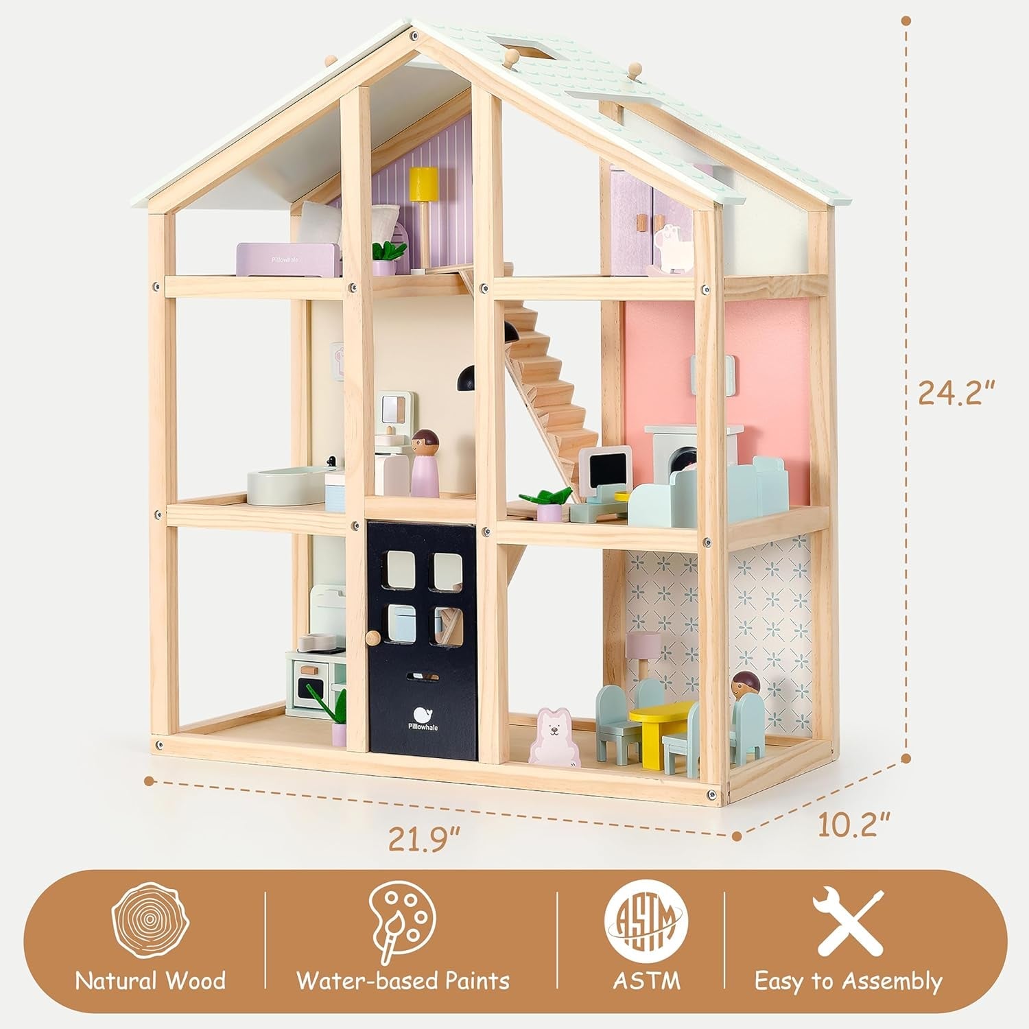 Wooden Dollhouse 3-Story With 38-Piece Furniture Kit