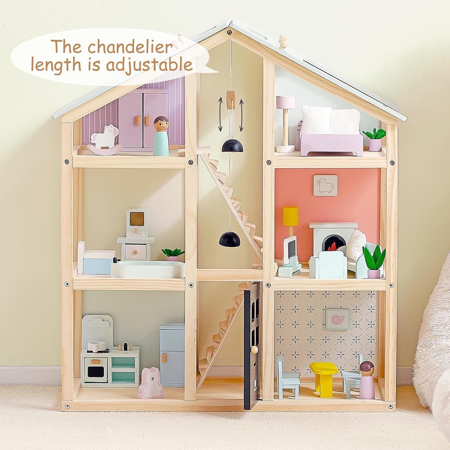 Wooden Dollhouse 3-Story With 38-Piece Furniture Kit