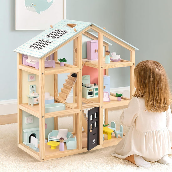 Wooden Dollhouse 3-Story With 38-Piece Furniture Kit