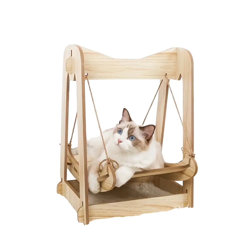 NNETM Wooden Rocking Bed Cat Furniture - Double Layer Cat Hammock