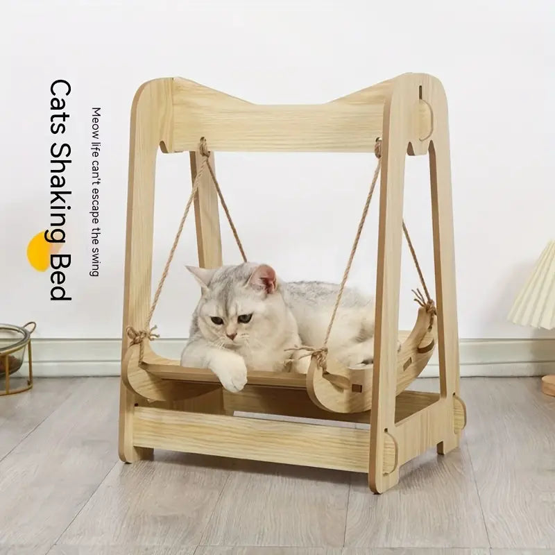 NNETM Wooden Rocking Bed Cat Furniture - Double Layer Cat Hammock