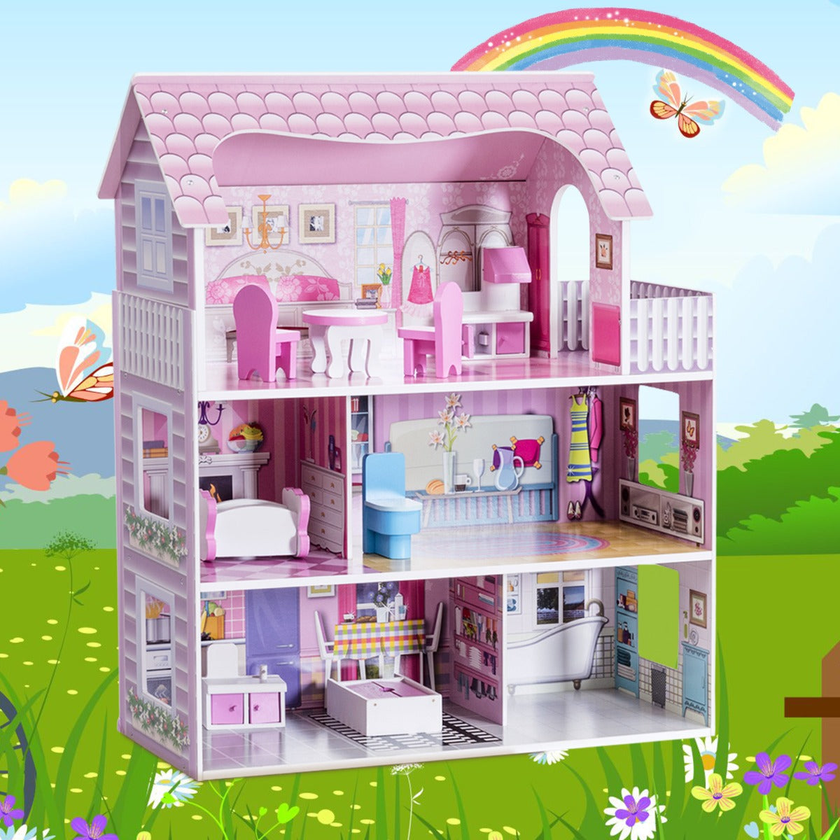 NNECW Large Wooden Dollhouse with Complete Accessories and Furniture for Kids