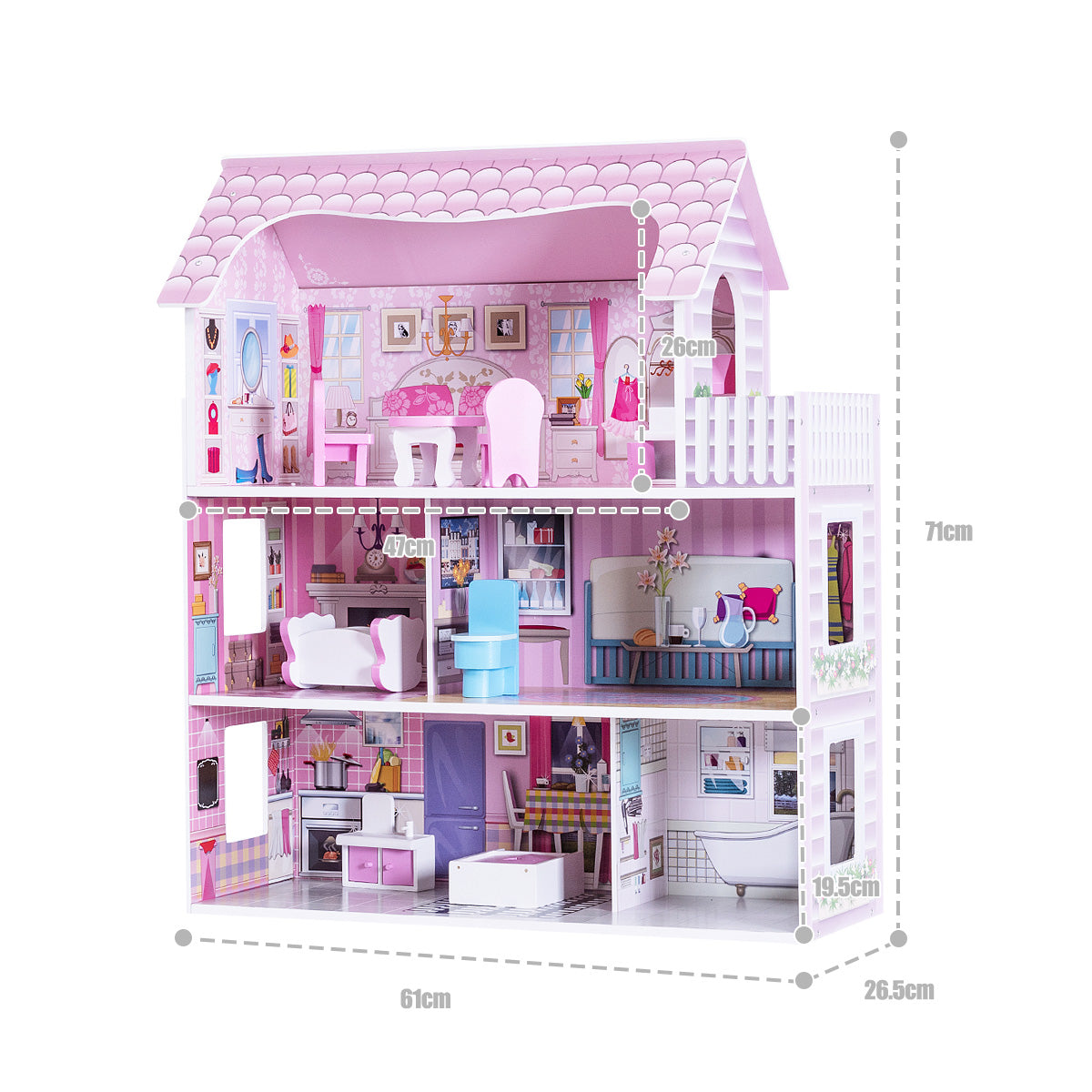 NNECW Large Wooden Dollhouse with Complete Accessories and Furniture for Kids