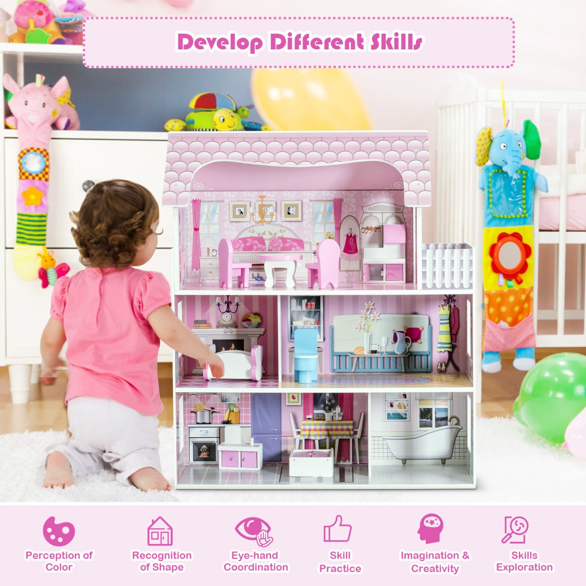 NNECW Large Wooden Dollhouse with Complete Accessories and Furniture for Kids