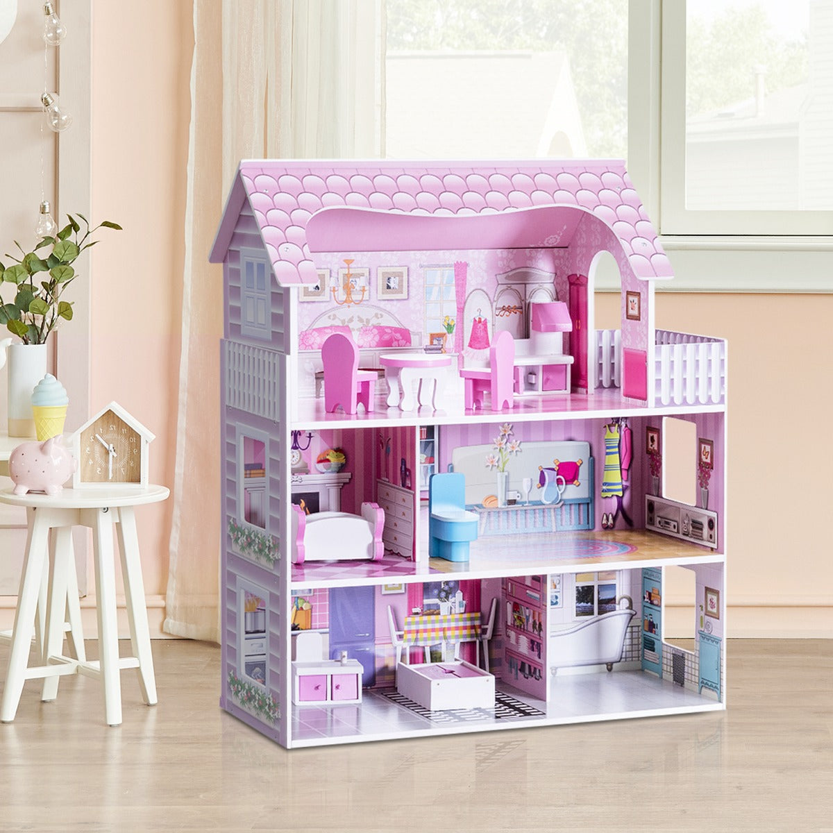 NNECW Large Wooden Dollhouse with Complete Accessories and Furniture for Kids