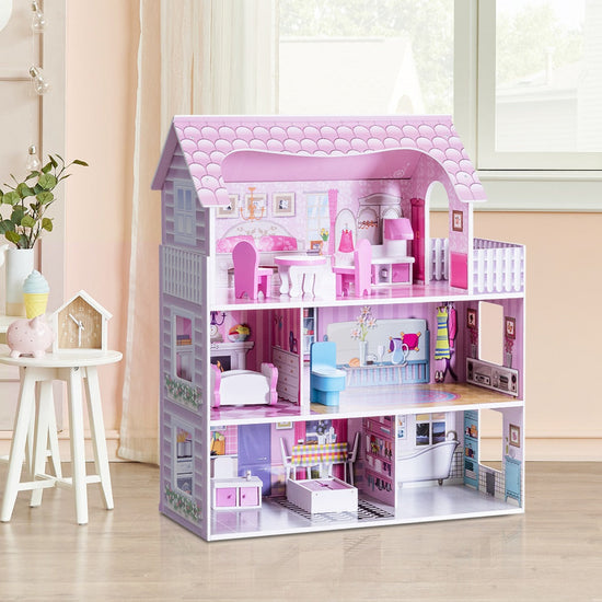 NNECW Large Wooden Dollhouse with Complete Accessories and Furniture for Kids